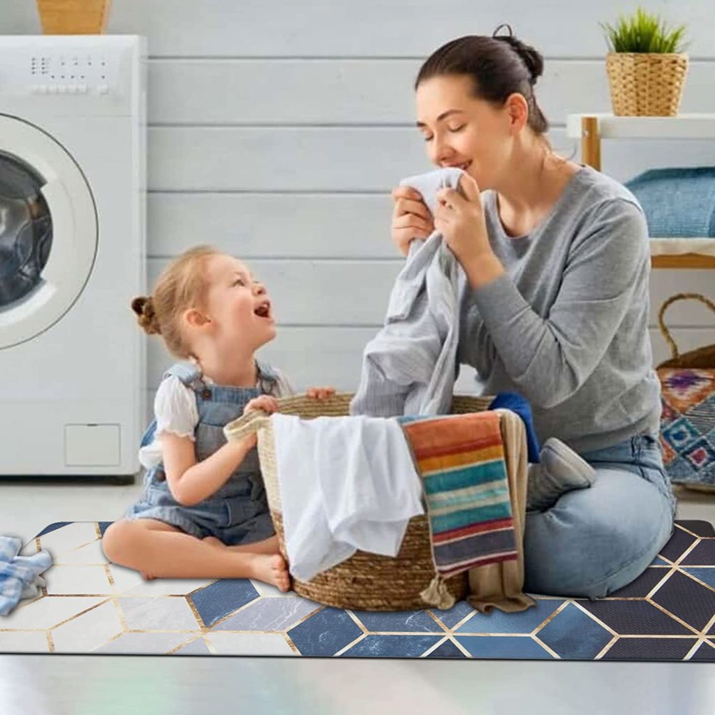 Blue Geometric Pattern Vinyl Kitchen Mat - Mother and Child sitting together